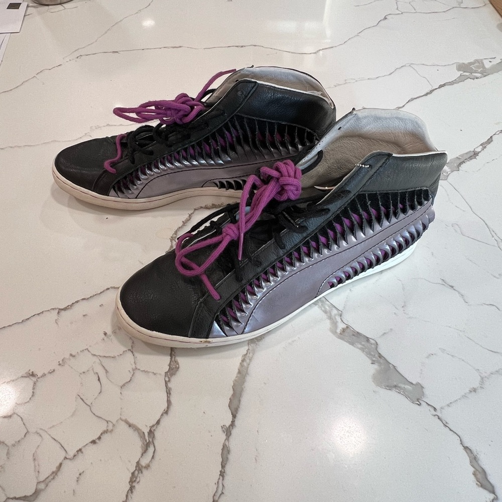 Puma and Alexander McQueen Designer Black and Silver High-Top Sneakers